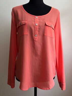Miss Daisy Coral Pink Button Back Long Sleeve Blouse Size S Henley Neck Tunic